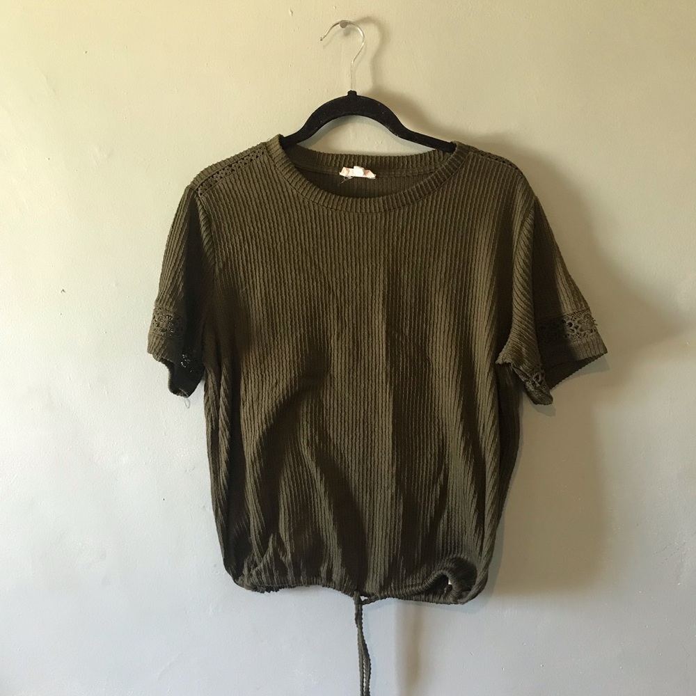Women's Olive Green Short Sleeve Ribbed Tee with Drawstring Hem